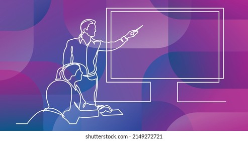 continuous line drawing of business presentation during team meeting