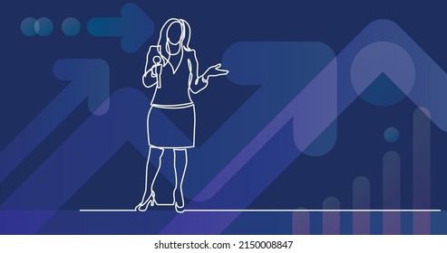 continuous line drawing of business presentation - woman trainer talking with microphone