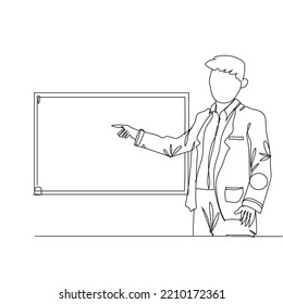 Continuous line drawing of business presentation, business trainer talking with screen at meeting room. Business meeting and presentation concept one line draw design vector illustration