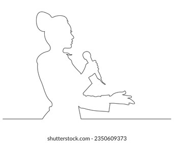 Continuous line drawing business presentation woman trainer speaking single line drawn character political speaker, business trainer speaking before audience Political meeting speech.