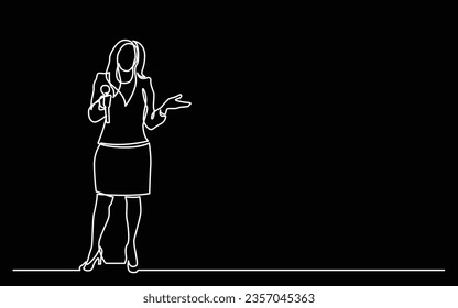 dibujo de línea continua presentación de negocios - mujer entrenadora hablando con micrófono