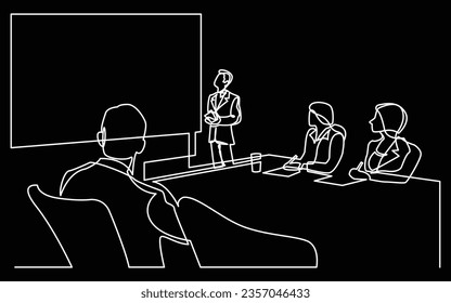 continuous line drawing of business presentation with team in meeting room