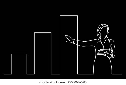 continuous line drawing of business presentation - business woman trainer pointing at chart