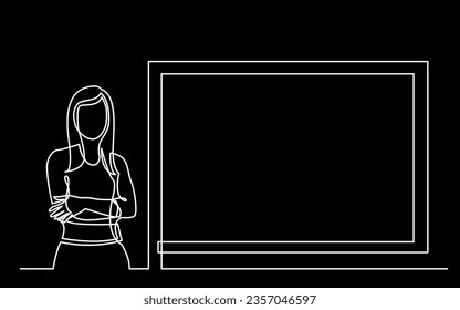 continuous line drawing of business presentation - business trainer standing by screen