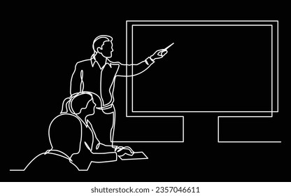 dibujo de línea continua de presentación de negocios durante la reunión de equipo