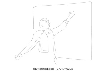 Dibujo continuo de una presentación de negocios con una persona haciendo gestos hacia un tablero perfecto para un proyecto de diseño minimalista o material de presentación centrado en la simplicidad y la elegancia