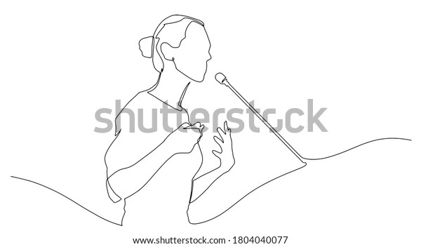 Continuous line\
drawing business presentation woman trainer talking one single line\
drawn character politics speaker, business coach speaking before\
audience Political meeting\
speech.