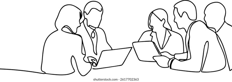 Continuous Line Drawing Of Business Professionals Collaborating With Laptops In A Meeting