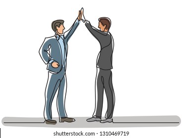continuous line drawing of business situation - two men doing high five