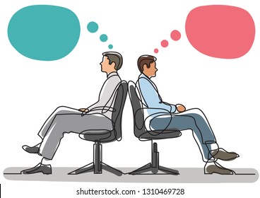 continuous line drawing of business situation - two conflicting businessmen sitting and thinking