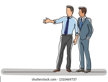 continuous line drawing of business situation - two businessmen discussing plans