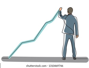 continuous line drawing of business situation - standing businessman drawing rising diagram