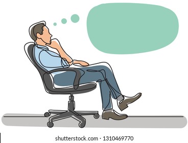 continuous line drawing of business situation - man sitting in office chair thinking
