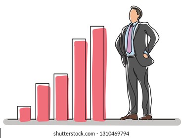 continuous line drawing of business situation - happy confident standing businessman with increasing charts