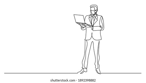 continuous line drawing of business situation - businessman wearing face mask standing with laptop computer