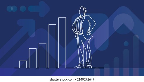 línea continua de la situación de los negocios - empresario con confianza en sí mismo y cada vez más gráficos