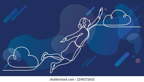 continuous line drawing of business situation - business woman flying high