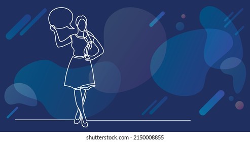 continuous line drawing of business situation - standing woman presenting her opinion