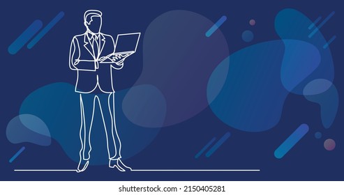 continuous line drawing of business situation - businessman standing with laptop computer