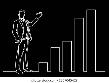 continuous line drawing of business situation - standing businessman presenting rising charts