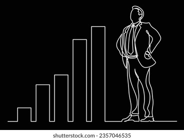línea continua de la situación de los negocios - empresario con confianza en sí mismo y cada vez más gráficos