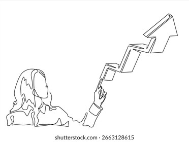 Continuous line drawing of business situation - business woman presenting rising chart. concept of business success through growth graph. Investor. Profit Stock Market. Hand drawn. Editable stroke