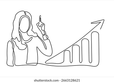 Dibujo de línea continuo de la situación empresarial - mujer de negocios que presenta el gráfico ascendente. concepto de éxito empresarial a través del gráfico de crecimiento. Inversor. Mercado bursátil de beneficios. Dibujado a mano. Trazo editable