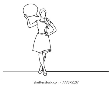 continuous line drawing of business situation - standing woman presenting her opinion