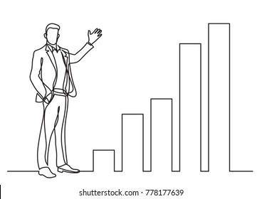 continuous line drawing of business situation - standing businessman presenting rising charts