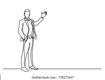 continuous line drawing of business situation - standing businessman making presentation