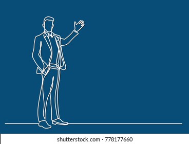 continuous line drawing of business situation - standing businessman making presentation