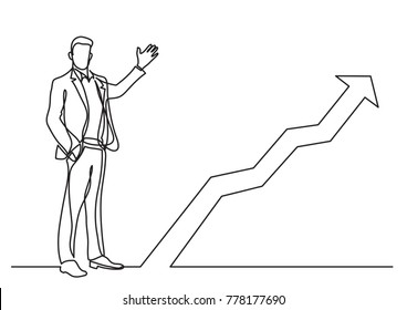 continuous line drawing of business situation - standing businessman presenting rising diagram