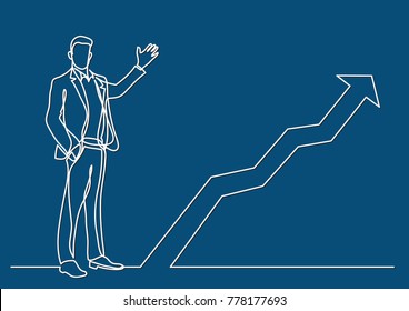 continuous line drawing of business situation - standing businessman presenting rising diagram