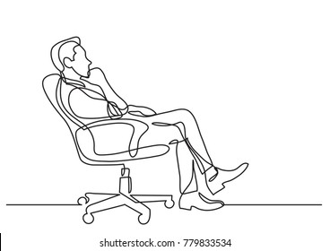 continuous line drawing of business situation - man sitting in office chair thinking