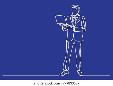 continuous line drawing of business situation - businessman standing with laptop computer