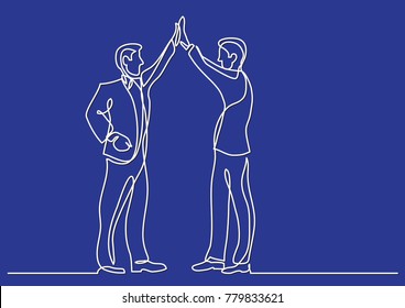 continuous line drawing of business situation - two men doing high five