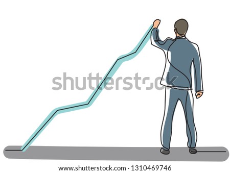 continuous line drawing of business situation - standing businessman drawing rising diagram