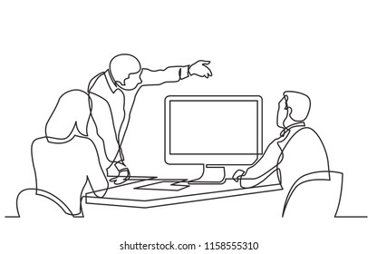 continuous line drawing of business team members discussing work process on big screen