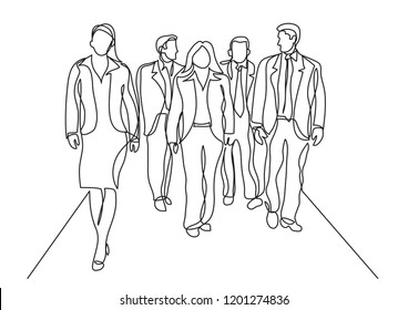 continuous line drawing of business team walking in corridor