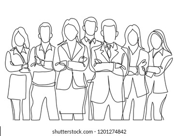 continuous line drawing of business team standing with crossed arms