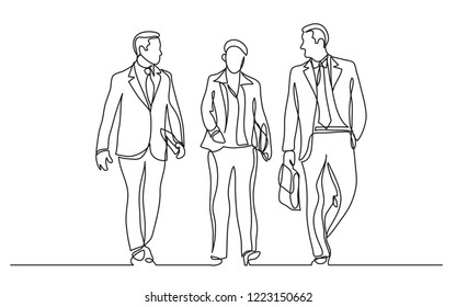 continuous line drawing of business team walking together discussing work