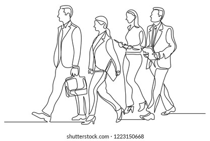 continuous line drawing of business team walking together discussing work