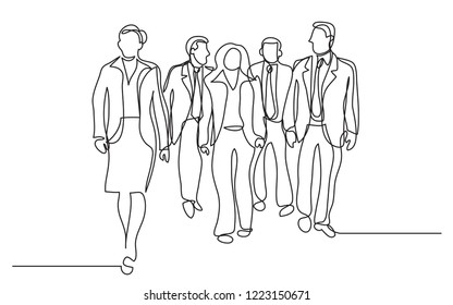 continuous line drawing of business team walking together discussing work