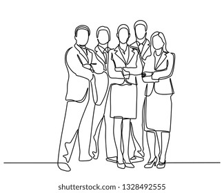 continuous line drawing of business team standing with crossed arms. Isolated over white background. Vector