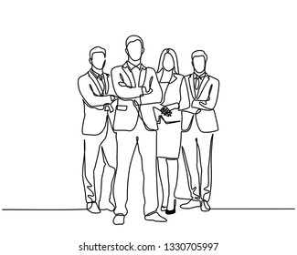 continuous line drawing of business team standing with crossed arms. Isolated over white background. Vector