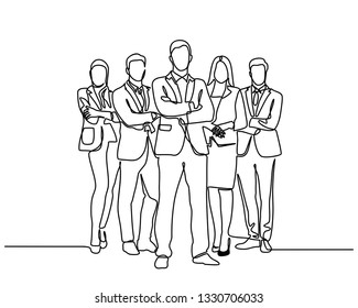 continuous line drawing of business team standing with crossed arms. Isolated over white background. Vector