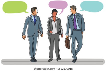 continuous line drawing of business team walking together discussing work with speech bubbles