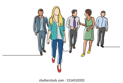 continuous line drawing of business team walking together discussing work