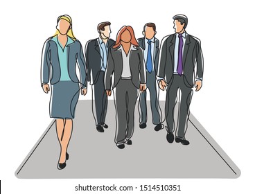 continuous line drawing of business team walking in corridor
