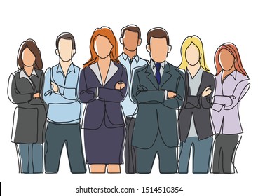 continuous line drawing of business team standing with crossed arms